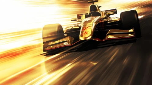 Golden Formula 1 Race Car Speeding Down Track