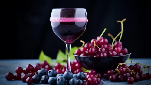 Red Wine Glass with Grapes and Blueberries on Wooden Table