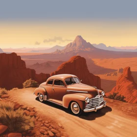 Vintage Car on Desert Road: Hyper-Detailed Illustration