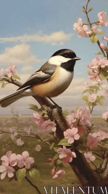 Bird Perched on Flowering Branch - Nature's Joyful Celebration AI Image