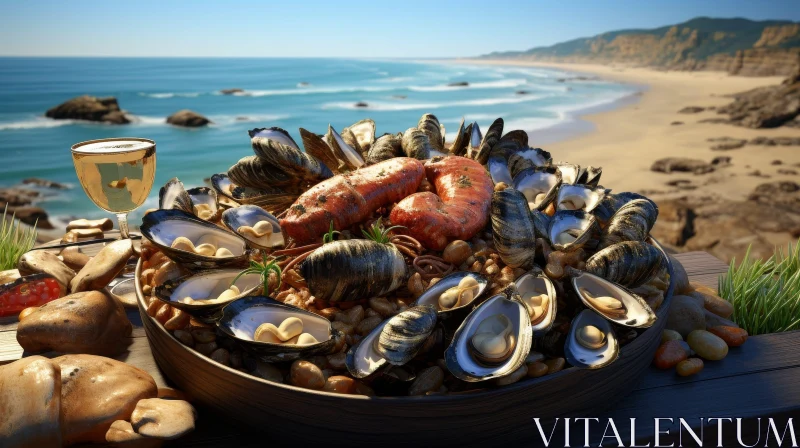 AI ART Tempting Seafood Dish on Wooden Table with Beach Background