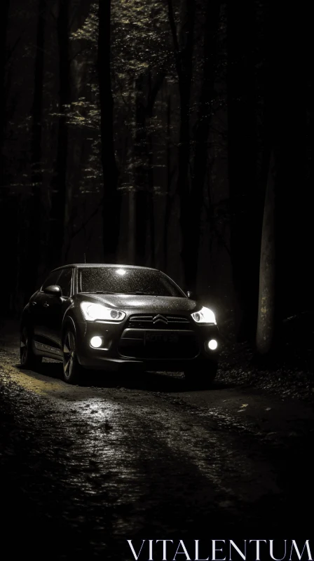 Captivating Black Car Driving through a Dimly Lit Forest Path AI Image