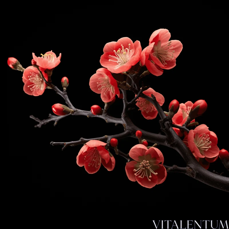 Chinese Floral Art - Pink Blossoms Against Black Background AI Image