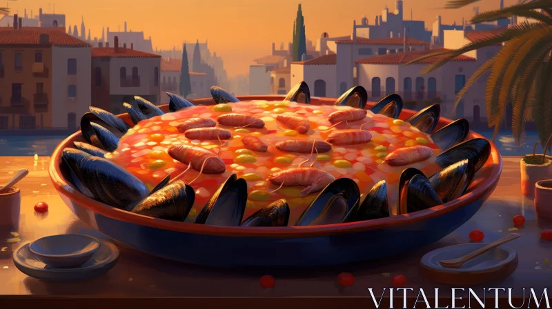 Delicious Paella with Seafood and City View AI Image