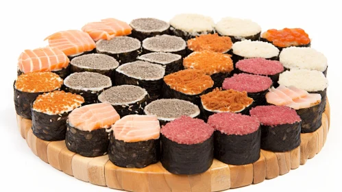 Exquisite Wooden Plate with Variety of Sushi Rolls