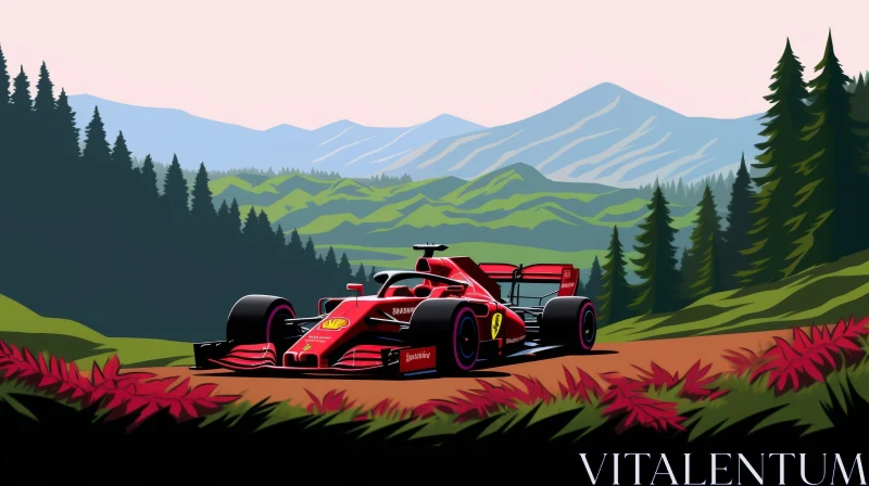 Formula 1 Car Racing in Mountain Landscape AI Image
