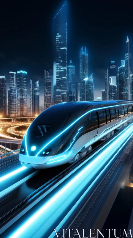 AI ART Night View of Futuristic City with Maglev Train