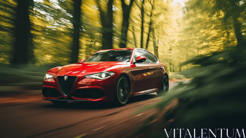 Luxurious Opulence: Red Car Driving in a Green Forest AI Image