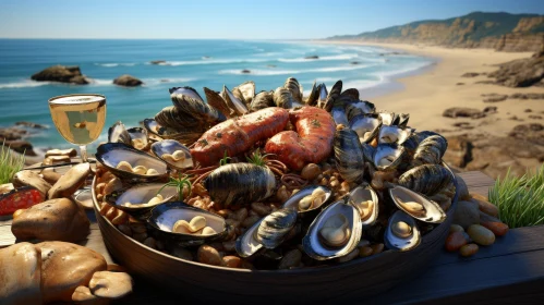 Tempting Seafood Dish on Wooden Table with Beach Background