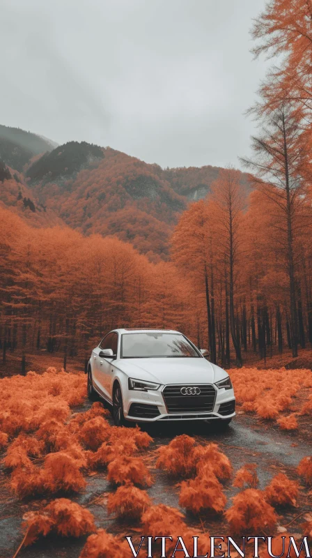 White Car in Autumn Forest | Functional Aesthetics | Detailed Textures AI Image