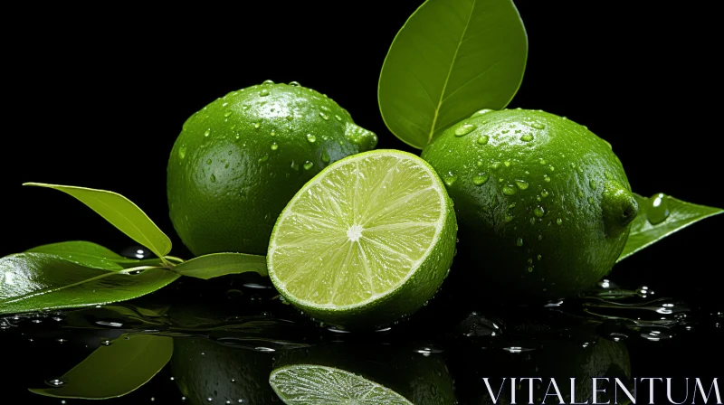Captivating Still Life: Limes with Green Leaves on a Dark Background AI Image