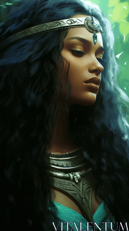 Fantasy Artwork: Woman with Green Eyes in Dark Cyan and Bronze AI Image