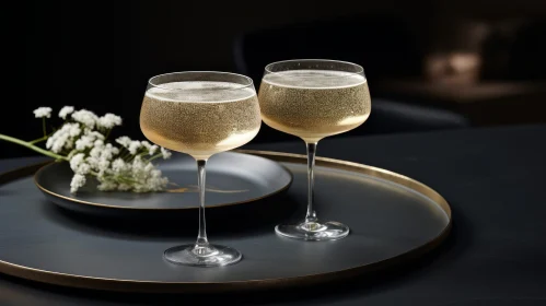 Luxurious Champagne Glasses with White Flowers on Black Tray