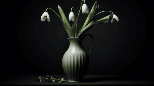 Monochromatic Shadows: A Photorealistic Rendering of White Flowers in a Green Vase