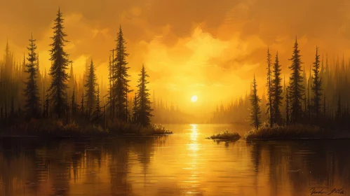 Tranquil Sunset Painting Over Lake