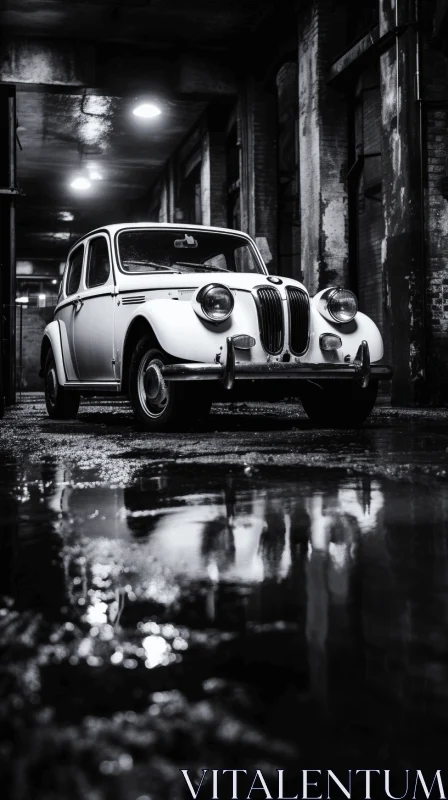 Vintage White BMW Classic Car in Dimly Lit Garage AI Image