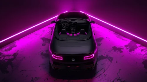 Black Convertible Car with Pink Lights on Dark Purple Background