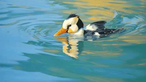 Illustration of a Swimming Duck in Golden Light