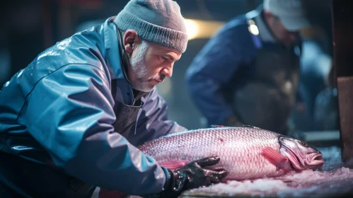 Professional Fishmongers Examining Large Fish