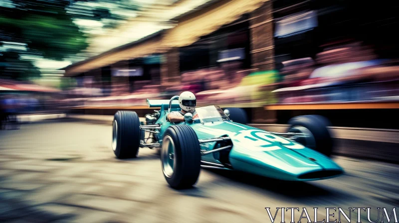 Vintage Green Racing Car Speeding on Asphalt Road AI Image