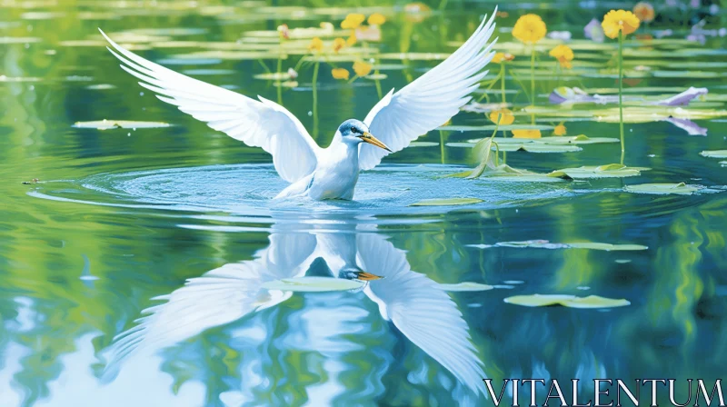 White Bird Flying Over Water - Decorative Art Illustration AI Image