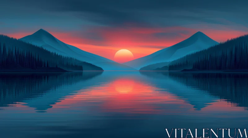 AI ART Tranquil Sunset Scene: Lake and Mountains