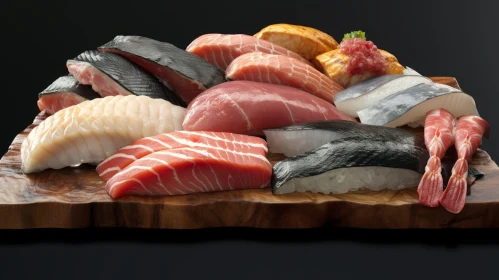 Delicious Sushi and Sashimi Platter on Wooden Board