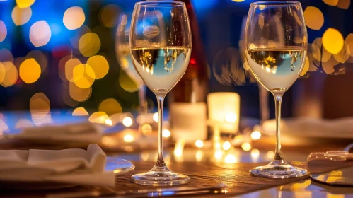 Elegant Wine Glasses on Wooden Table with Candlelight