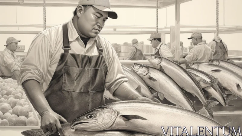 Fish Market Scene: Bustling Activity and Skilled Filleting AI Image