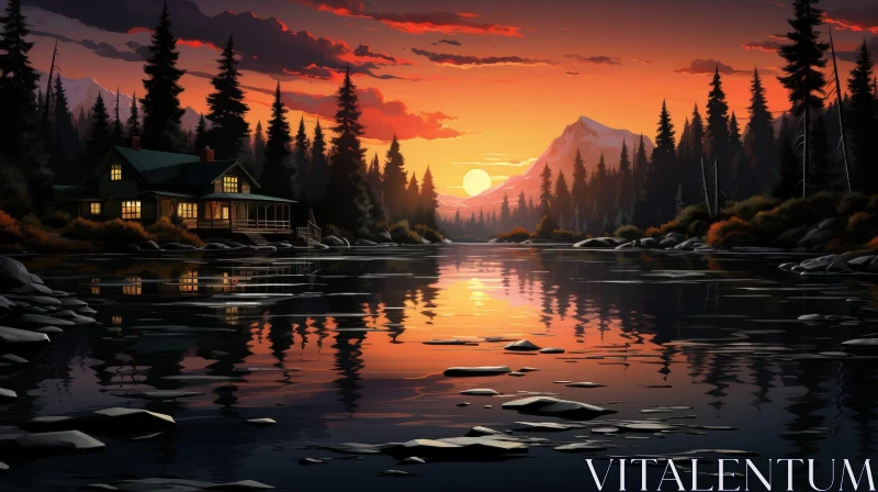 AI ART Tranquil Sunset Lake Landscape with Mountains and Cabin