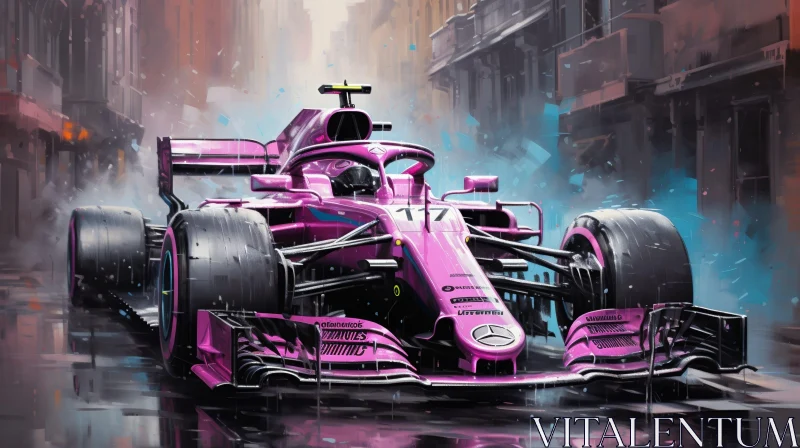 Formula 1 Racing in Rain | Pink Car Number 17 | Urban Background AI Image