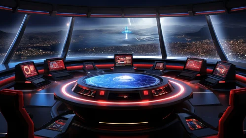 Futuristic Control Room with Global Map and City View