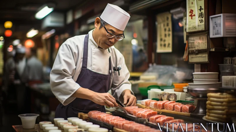 Japanese Chef Expertly Slicing Fresh Tuna in Restaurant Setting AI Image