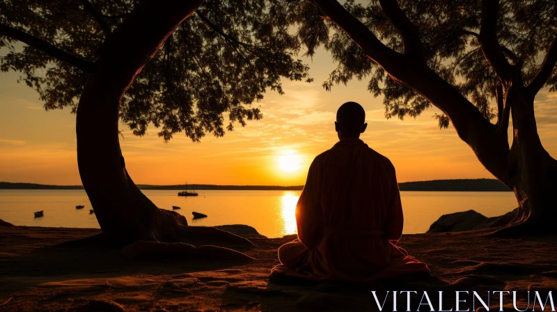 Serene Monk Meditation by Lake at Sunset AI Image