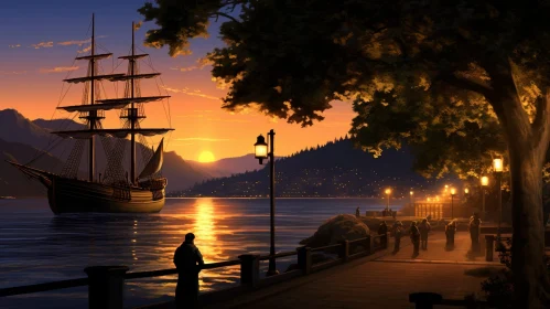 Tranquil Sunset Harbor Scene with Ships and Mountains