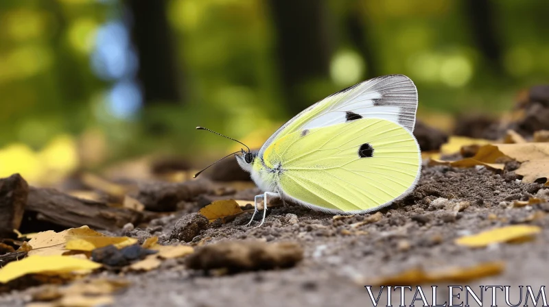 White Butterfly Resting on Fallen Leaves in Autumn Forest AI Image