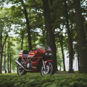 Enchanting Forest Captured with a Vibrant Red Motorcycle