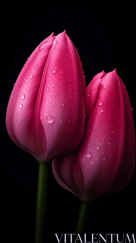 Pink Tulips with Raindrops on a Black Background AI Image