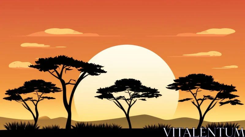 Tranquil African Savannah Sunset with Trees AI Image