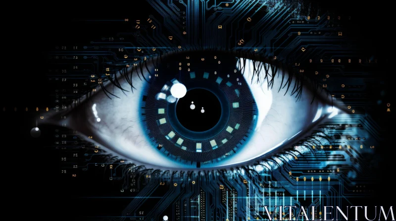 AI ART Cybernetic Eye: Close-Up Human Eye with Circuit Board Pattern