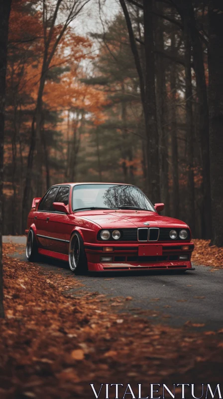 Enchanting Forest Drive: Captivating Red BMW Road Car Artwork AI Image