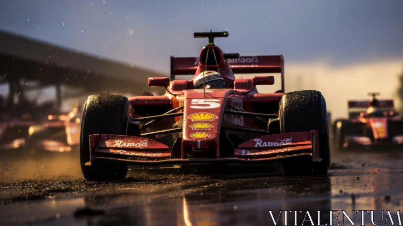 Intense Formula 1 Racing in the Rain: Red Car Number 5 AI Image