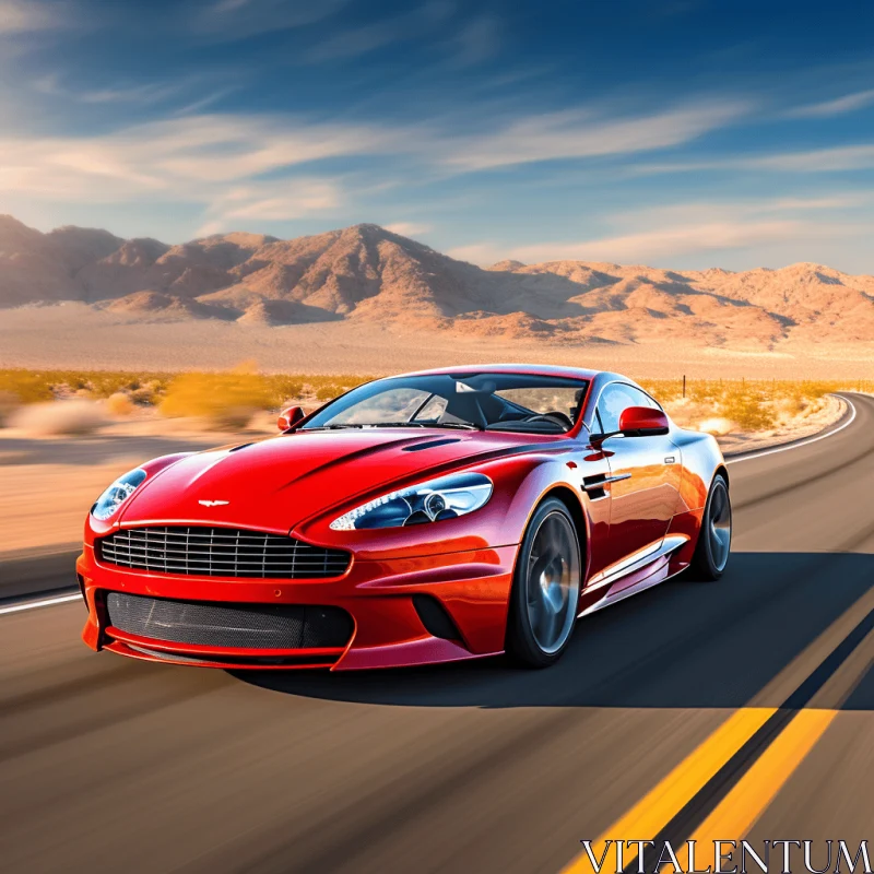Exquisite Craftsmanship and Vibrant Colors: A Red Sports Car Speeding Down a Desert Road AI Image