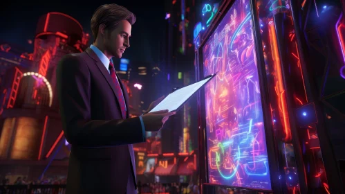 Digital Billboard in City: Man in Suit with Tablet