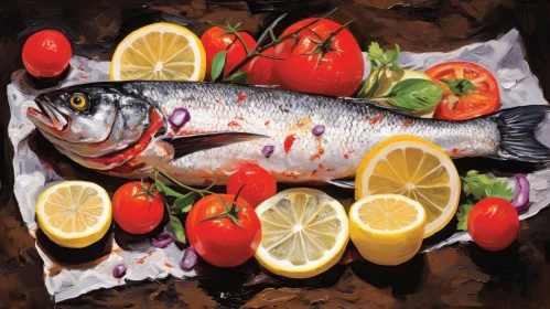 Fish with Lemons and Tomatoes on Table