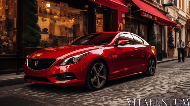 Hyperrealistic Precision: Captivating Red Car Outside a Restaurant AI Image