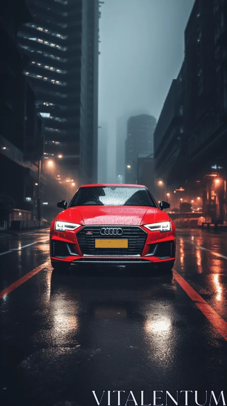 Red Car Parked in the Rain | Urban Atmosphere AI Image