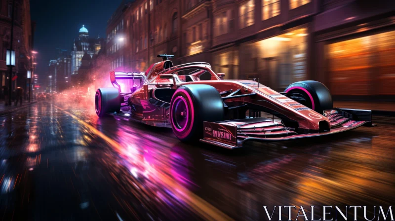 Speeding Formula 1 Race Car in City Night Scene AI Image