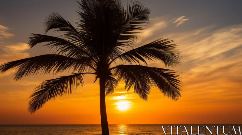 Tranquil Tropical Beach Sunset with Silhouetted Palm Tree AI Image