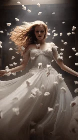 Ethereal Woman in Flowing White Dress Amidst Butterflies